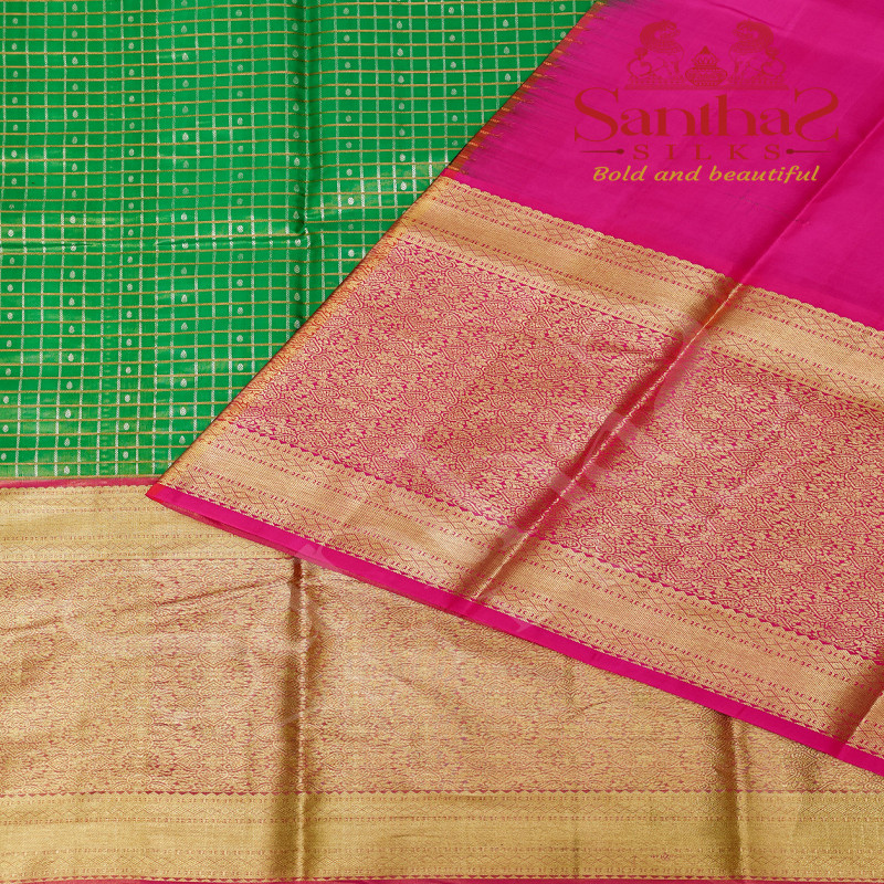 GREEN COLOUR TISSUE CHECKED BODY WITH CONTRAST BLOUSE & BORDER
