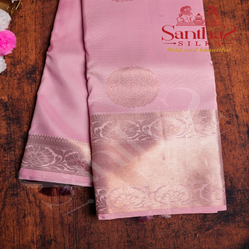 ROSE MILK COLOUR BODY IN COPPER ZARI BUTTA WITH CONTRAST BLOUSE