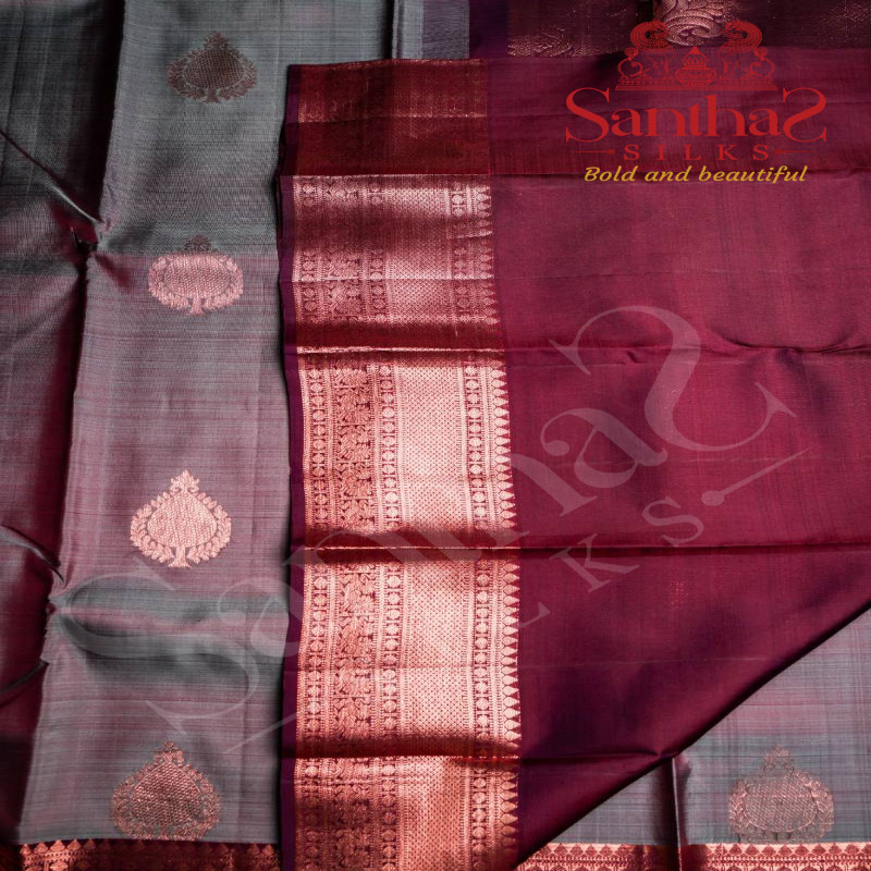 GREY COLOUR BODY IN COPPER ZARI BUTTA WITH CONTRAST BLOUSE & BORDER