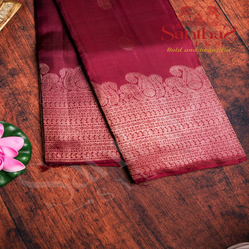 BETEL NUT COLOUR BODY COPPER ZARI BUTTA SELF BORDER WITH CONTRAST BLOUSE