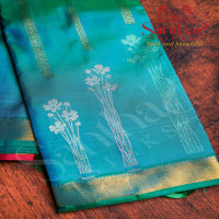 BLUISH GREEN COLOUR BODY GOLDEN ZARI STRIPS SELF BORDER WITH CONTRAST BLOUSE