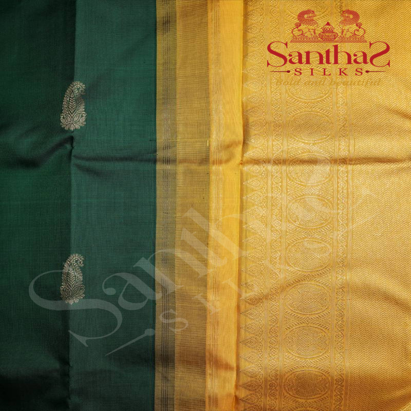 DARK GREEN COLOUR BODY GOLDEN MANGO ZARI BUTTA WITH CONTRAST BLOUSE & BORDER