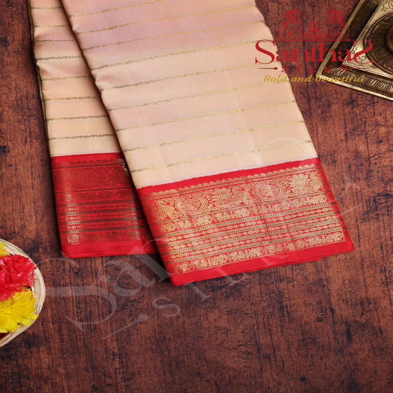 SANDAL COLOUR BODY VELTHARI STRIPS WITH CONTRAST BLOUSE & BORDER