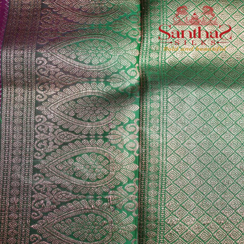 MAGENTA PURPLE COLOUR BODY COPPER & SILVER ZARI BORDER WITH CONTRAST BLOUSE & BORDER