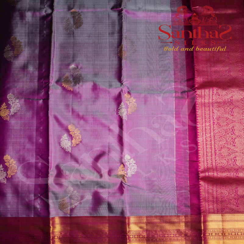 MAGENTA SHADE SILVER GOLD ZARI BUTTA WITH CONTRAST BLOUSE & BORDER