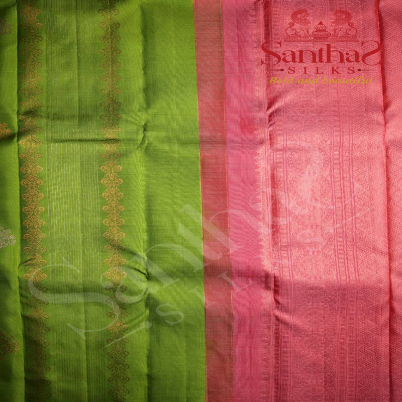 PARROT GREEN COLOUR BODY RAIN DROP COPPER ZARI BUTTA WITH CONTRAST BLOUSE