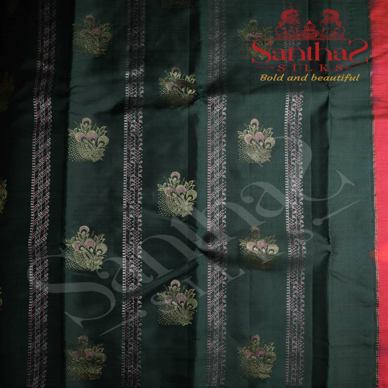 DARK GREEN COLOUR BODY FLORAL PATTERN BUTTA WITH CONTRAST BLOUSE