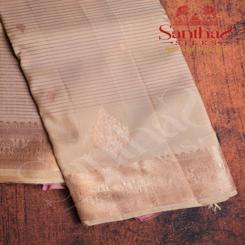 LIGHT FRENCH BEIGE COLOUR BODY COPPER ZARI BUTTA & BORDER WITH CONTRAST BLOUSE