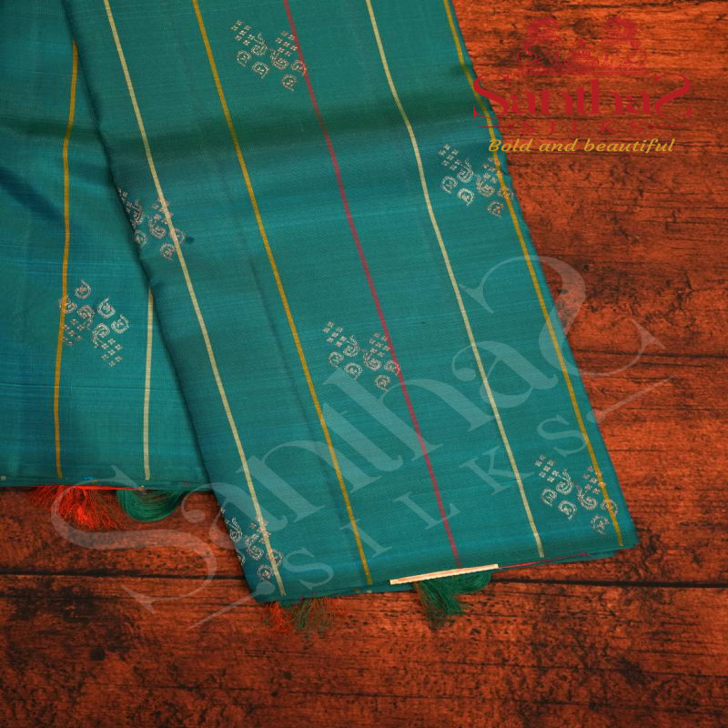 TEAL BLUE COLOUR BODY STRIPS FLORAL BUTTA WITH CONTRAST BLOUSE