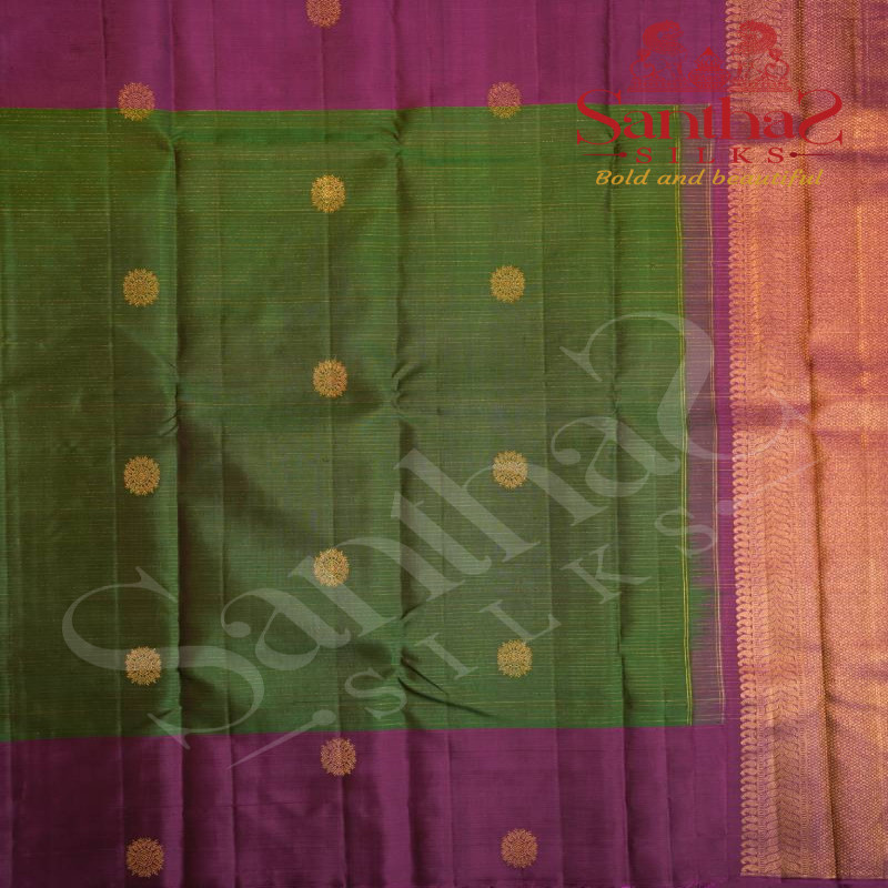 BOTTLE GREEN COLOUR BODY STRIPS GOLDEN ZARI BUTTA WITH CONTRAST BLOUSE & BORDER