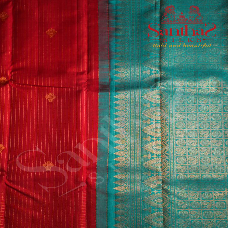 DARK RED COLOUR BODY WITH STRIPS AND RAMAR BLUE COLOUR CONTRAST BLOUSE