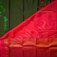 BORDERLESS BOTTLE GREEN COLOUR BODY WITH COPPER AND GOLDEN ZARI FLOWER MOTIFS AND ROSE COLOUR CONTRAST BLOUSE