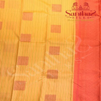 BORDERLESS PASTEL YELLOW COLOUR BODY STRIPS WITH COPPER ZARI MOTIF AND CONTRAST BLOUSE