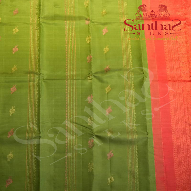 BORDERLESS LIGHT GREEN COLOUR BODY WITH MULTI COLOUR THREAD FLOWER BUTTAS & LINES AND CONTRAST BLOUSE