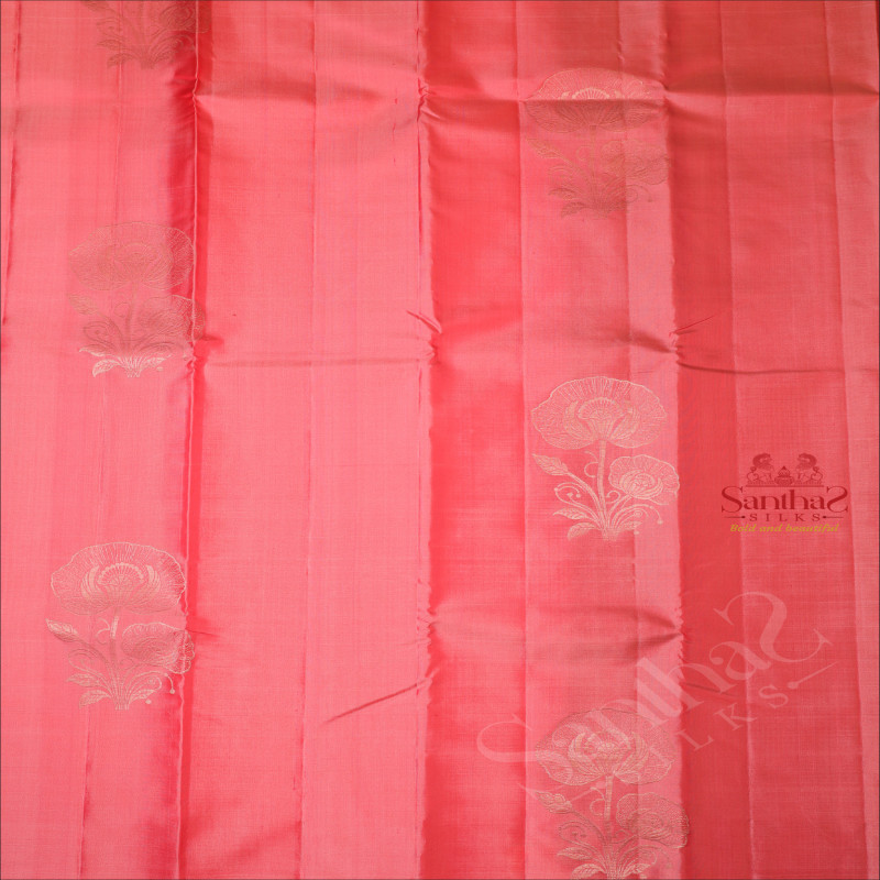 BORDERLESS PASTEL PEACH COLOUR BODY FLORAL SILVER ZARI BUTTA WITH CONTRAST BLOUSE