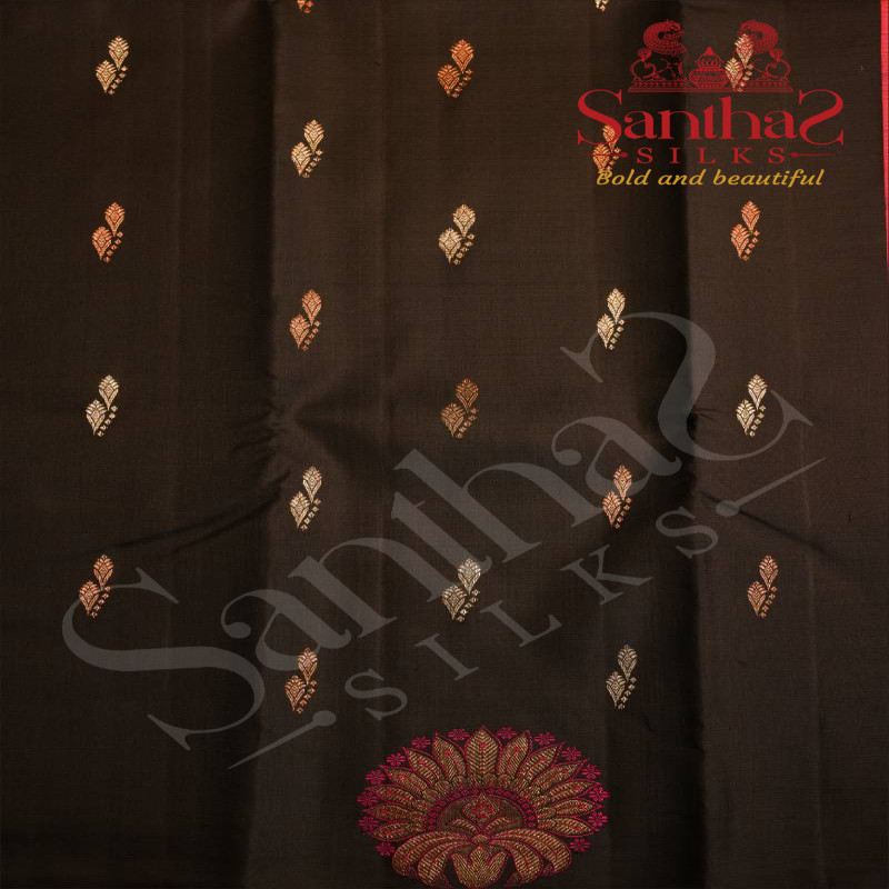 BORDERLESS BLACK COLOUR BODY WITH COPPER & SILVER ZARI BUTTAS AND FLOWER MOTIFS WITH CONTRAST BLOUSE