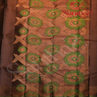 COFFEE BROWN COLOUR BODY WITH GOLDEN & GREEN FLOWER BUTTAS AND CONTRAST BLOUSE