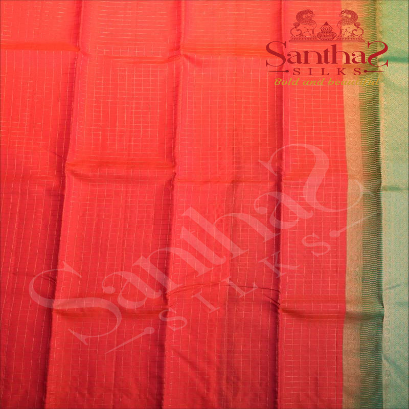 BORDERLESS ORGANISH PINK COLOUR BODY WITH GOLDEN ZARI CHECKED BOXS AND CONTRAST BLOUSE