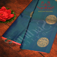 BORDERLESS PEACOCK BLUE COLOUR BODY WITH GOLDEN ZARI ELEPHANT MOTIFS AND CONTRAST BLOUSE