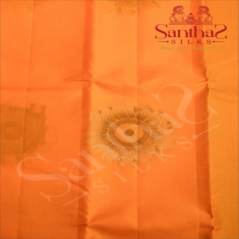 MANGO YELLOW COLOUR BODY WITH GOLDEN ZARI BIG FLOWER MOTIFS AND CONTRAST BLOUSE