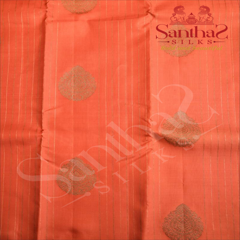 BORDERLESS CORAL PEACH COLOUR BODY WITH ROSEGOLD & GREEN ZARI STRIPS, MOTIFS AND CONTRAST BLOUSE