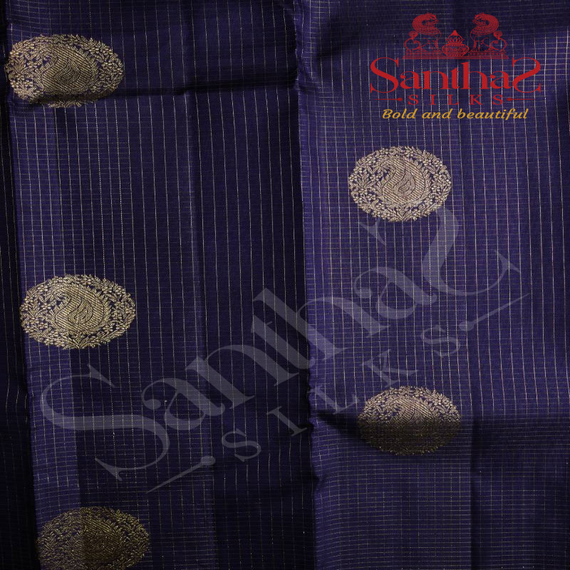 BORDERLESS INDIGO BLUE COLOUR BODY WITH GOLDEN ZARI SMALL CHECKED BOXES & MANGO IN CIRCLE MOTIFS AND CONTRAST BLOUSE