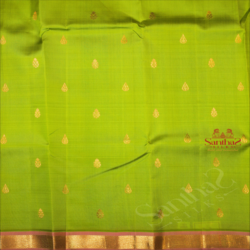 PARROT GREEN COLOUR BODY WITH GOLDEN ZARI BUTTAS & SINGLE SIDE BORDER AND CONTRAST PALLU WITHOUT BLOUSE