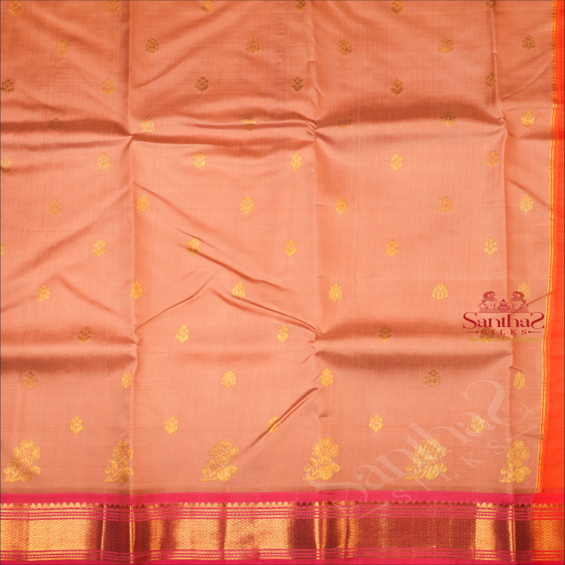 ONESIDE BORDER LIGHT PEACH COLOUR BODY WITH GOLDEN ZARI BUTTA & WITHOUT BLOUSE