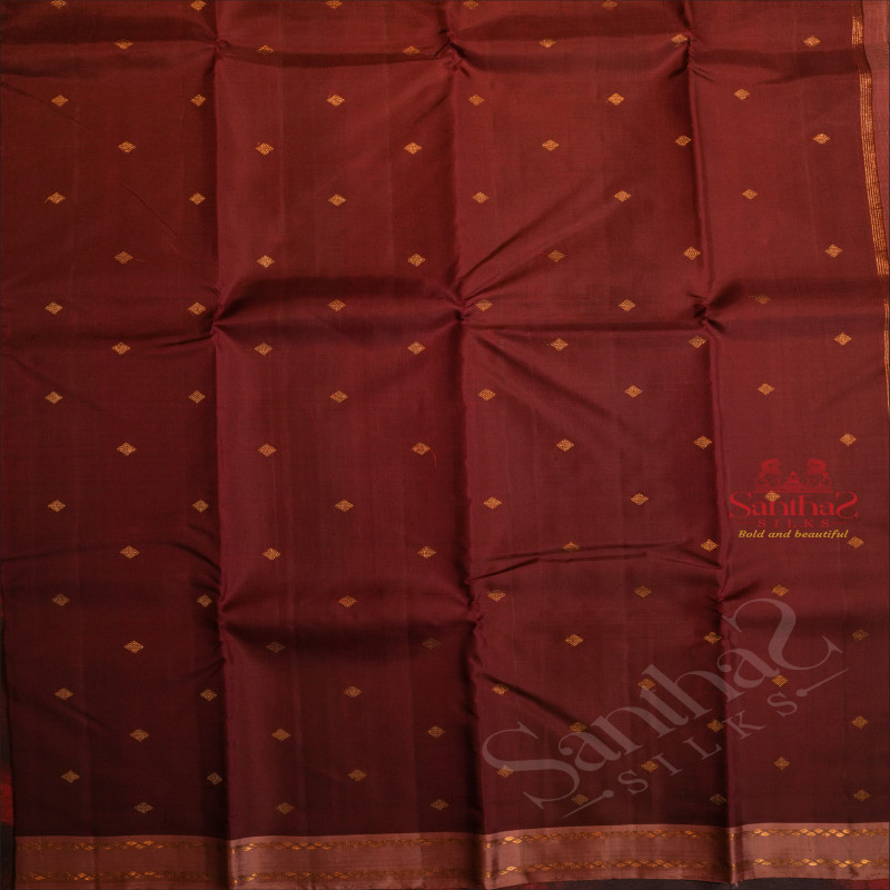 DARK MAROON COLOUR BODY WITH GOLDEN ZARI BUTTA WITH CONTRAST BLOUSE & BORDER