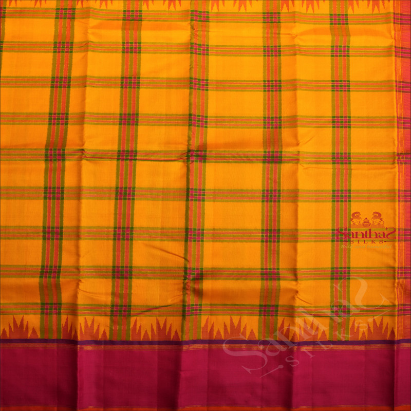 MANGO YELLOW COLOUR BODY WITH MULTI COLOUR CHECKED STRIPS WITH CONTRAST BLOUSE & BORDER