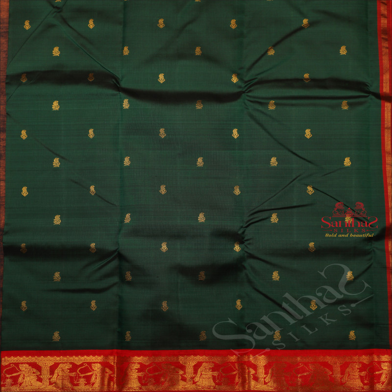 BOTTLE GREEN COLOUR BODY WITH GOLDEN ZARI BUTTA WITH CONTRAST BLOUSE & BORDER