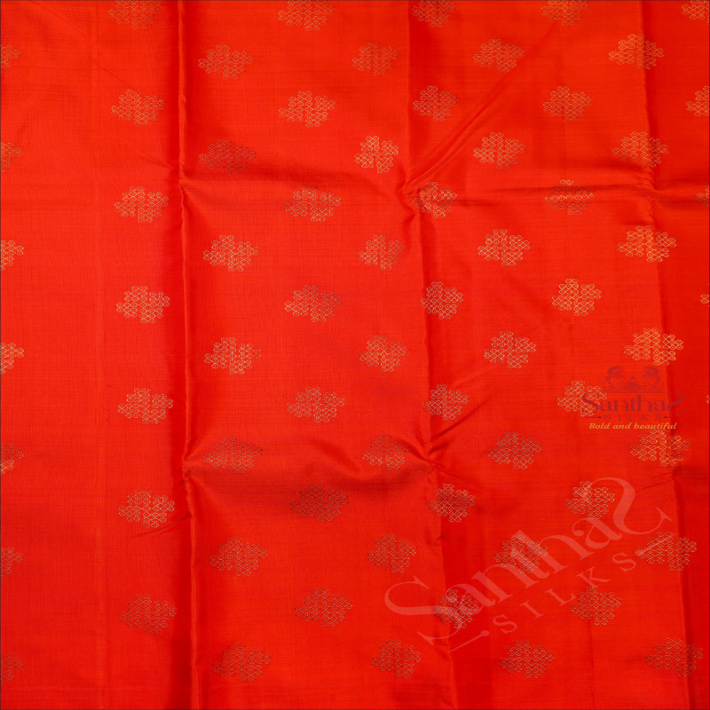 ORANGE COLOUR BODY WITH GOLDEN ZARI KOLAM BUTTA WITH CONTRAST BLOUSE & BORDER