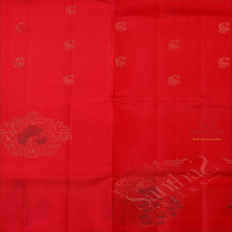 BORDERLESS RED COLOUR BODY WITH GOLDEN ZARI BUTTA WITH CONTRAST BLOUSE & BORDER