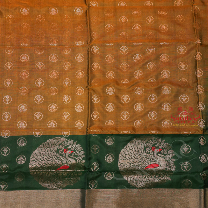 MEHENDHI GREEN COLOUR BODY WITH SILVER ZARI BUTTA WITH CONTRAST BLOUSE & BORDER