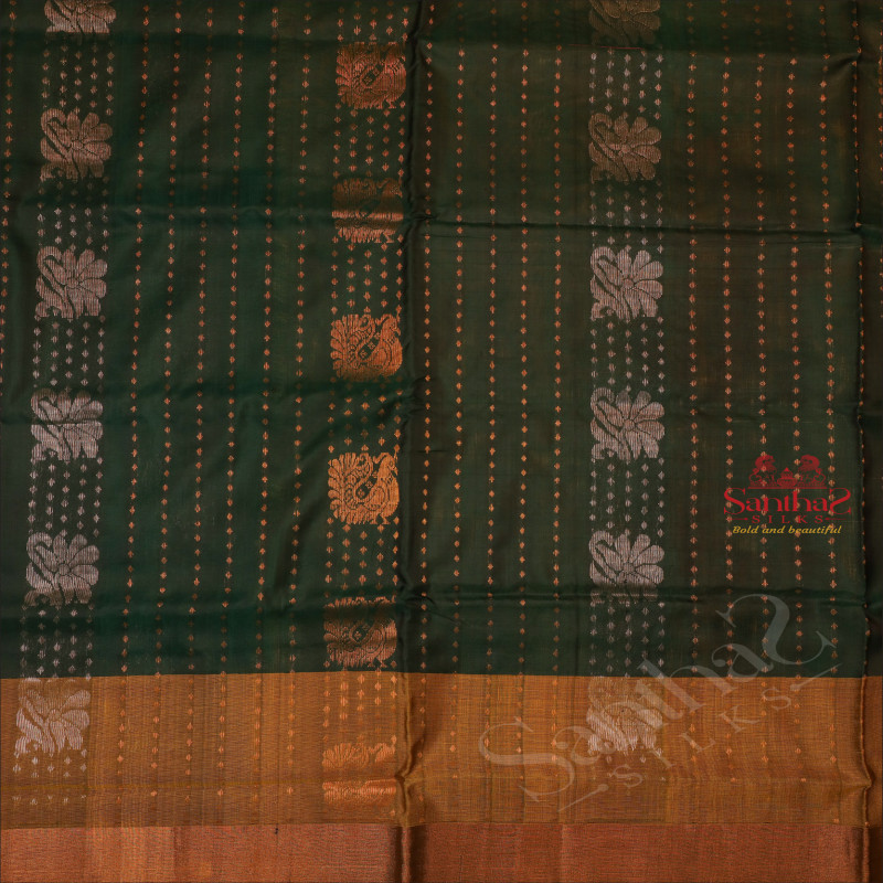 GREEN COLOUR BODY WITH GOLDEN ZARI BUTTA WITH CONTRAST BLOUSE & BORDER